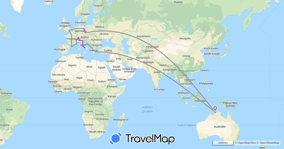 TravelMap itinerary: driving, plane, train, boat in Australia, Switzerland, Czech Republic, Germany, Spain, France, United Kingdom, Greece, Croatia, Italy, Netherlands (Europe, Oceania)